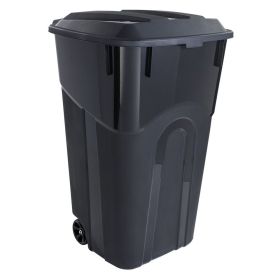 32 Gallon Wheeled Heavy Duty Plastic Garbage Can, Attached Lid, Black 32 Gallon Wheeled Heavy Duty Plastic Garbage Can, Attached Lid, Black
